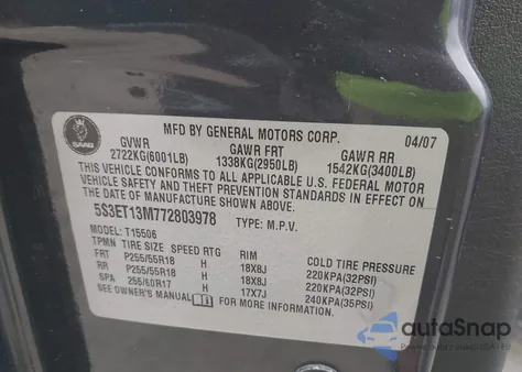2007 Saab 9-7X 5.3I from USA, damaged, VIN 5S3ET13M772803978